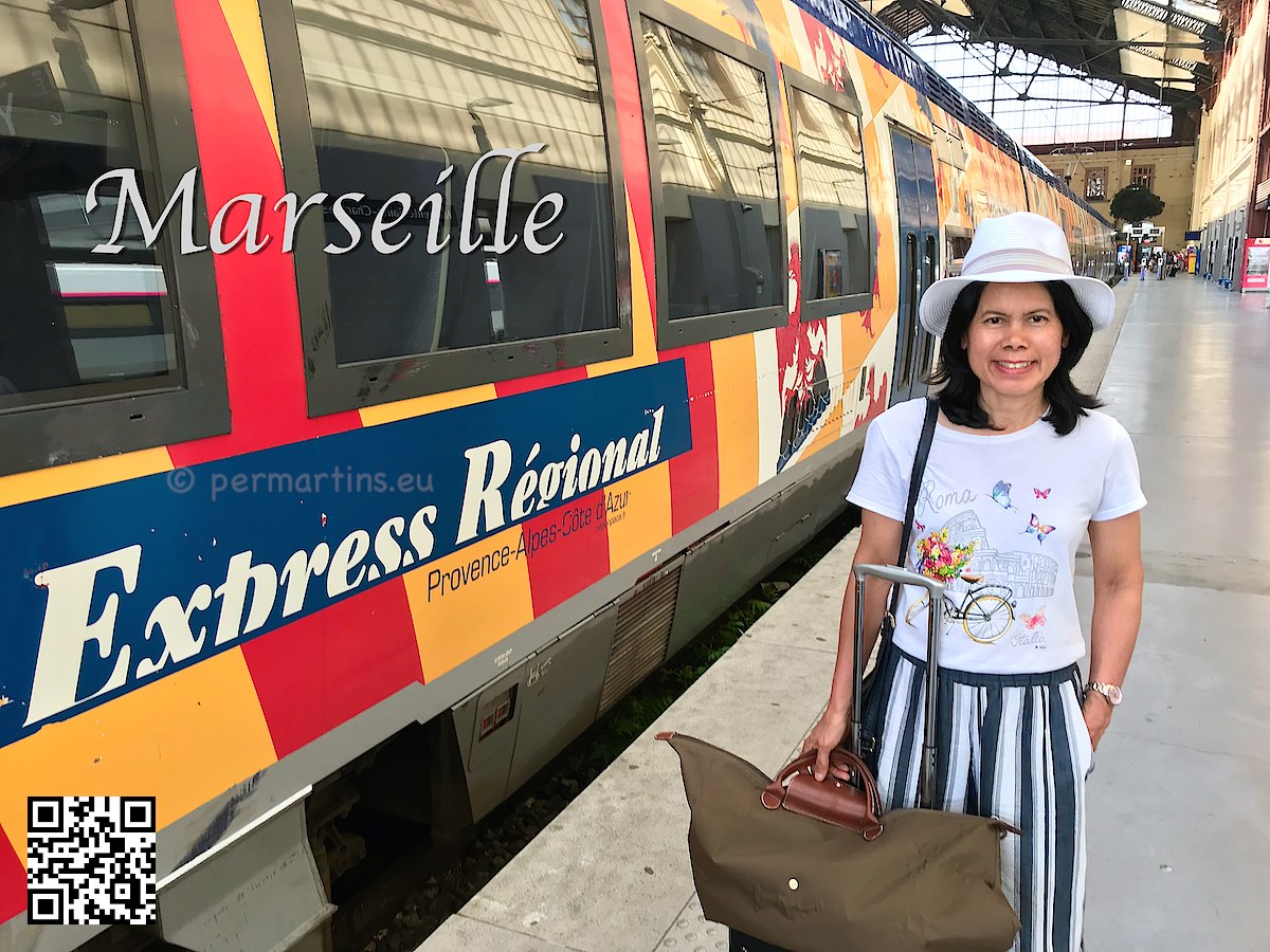 France Marseille train station, women wearing a hat with luggage standing next to a train.