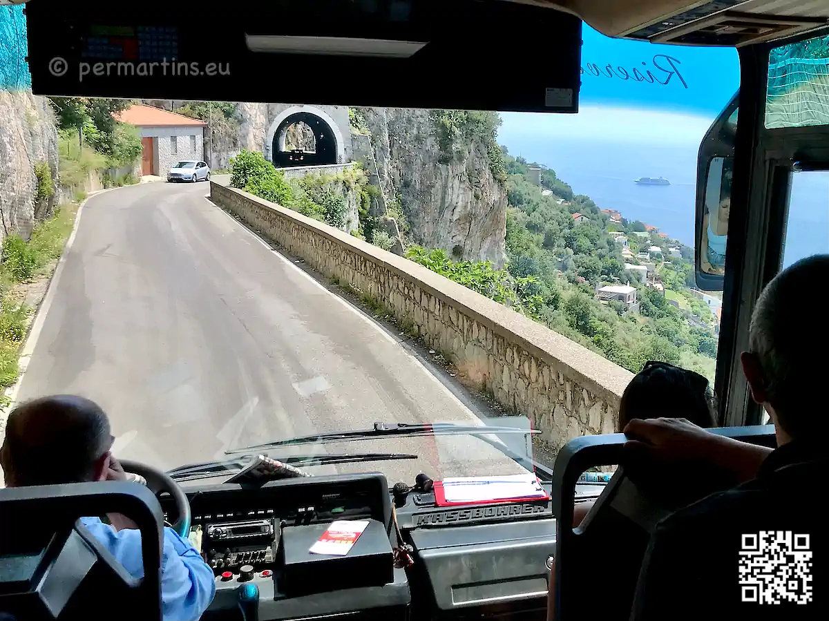 Italy Amalfi Coast on a bus. The road is beautiful, but very curvy and slow.
