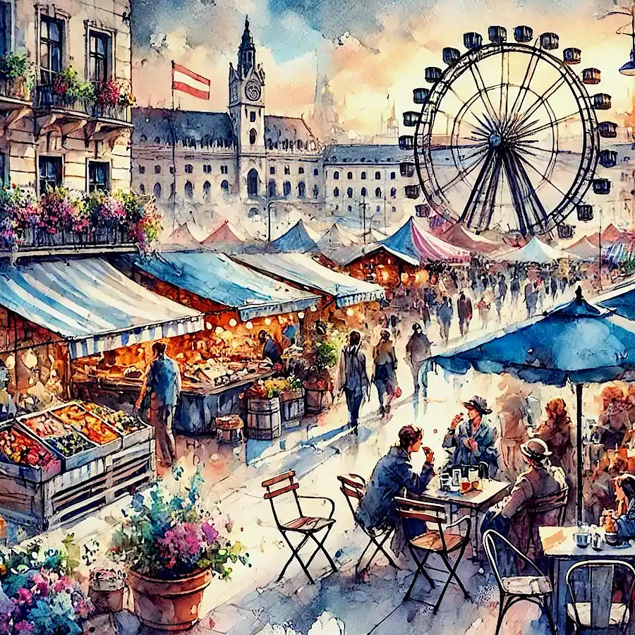 Austria art poster Wien Vienna market Prater Riesenrad flag