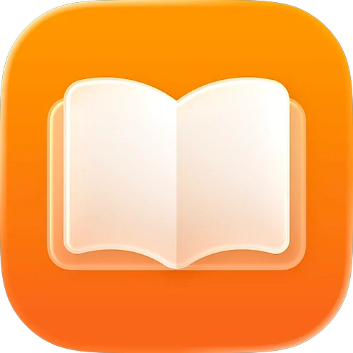 Apple Books logo, white open book book with orange background