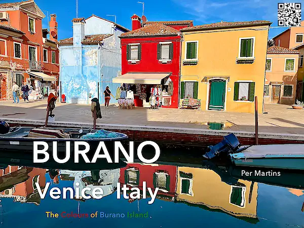 Italy Venice Burano ebook cover, wooden bridge colorful houses.