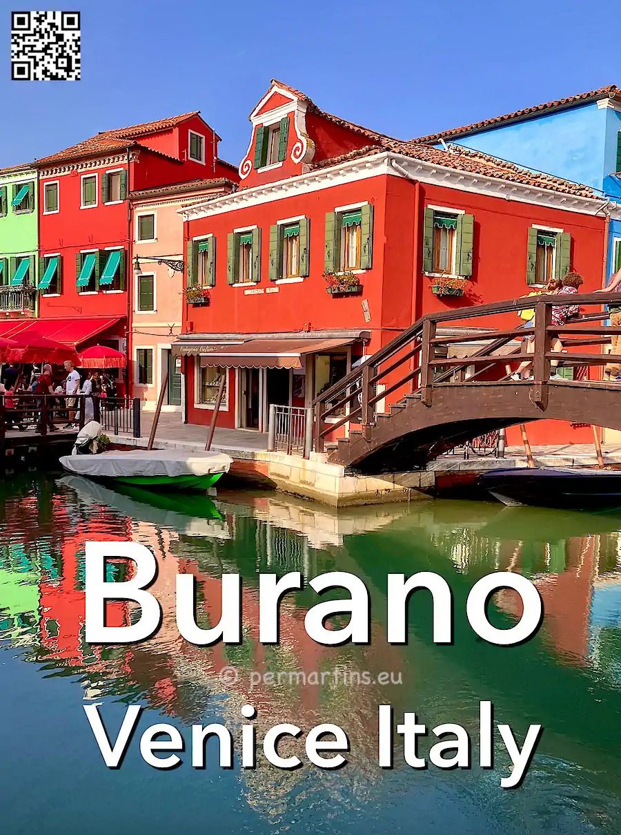 Italy Venice Burano ebook cover, wooden bridge colorful houses.