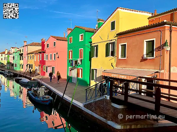 Italy Venice Burano at the Three Bridges, colorful houses.