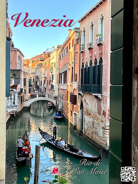 Italy: Italia Venice Venzia Rio di San Moise Gondola bridge pink buildings.
