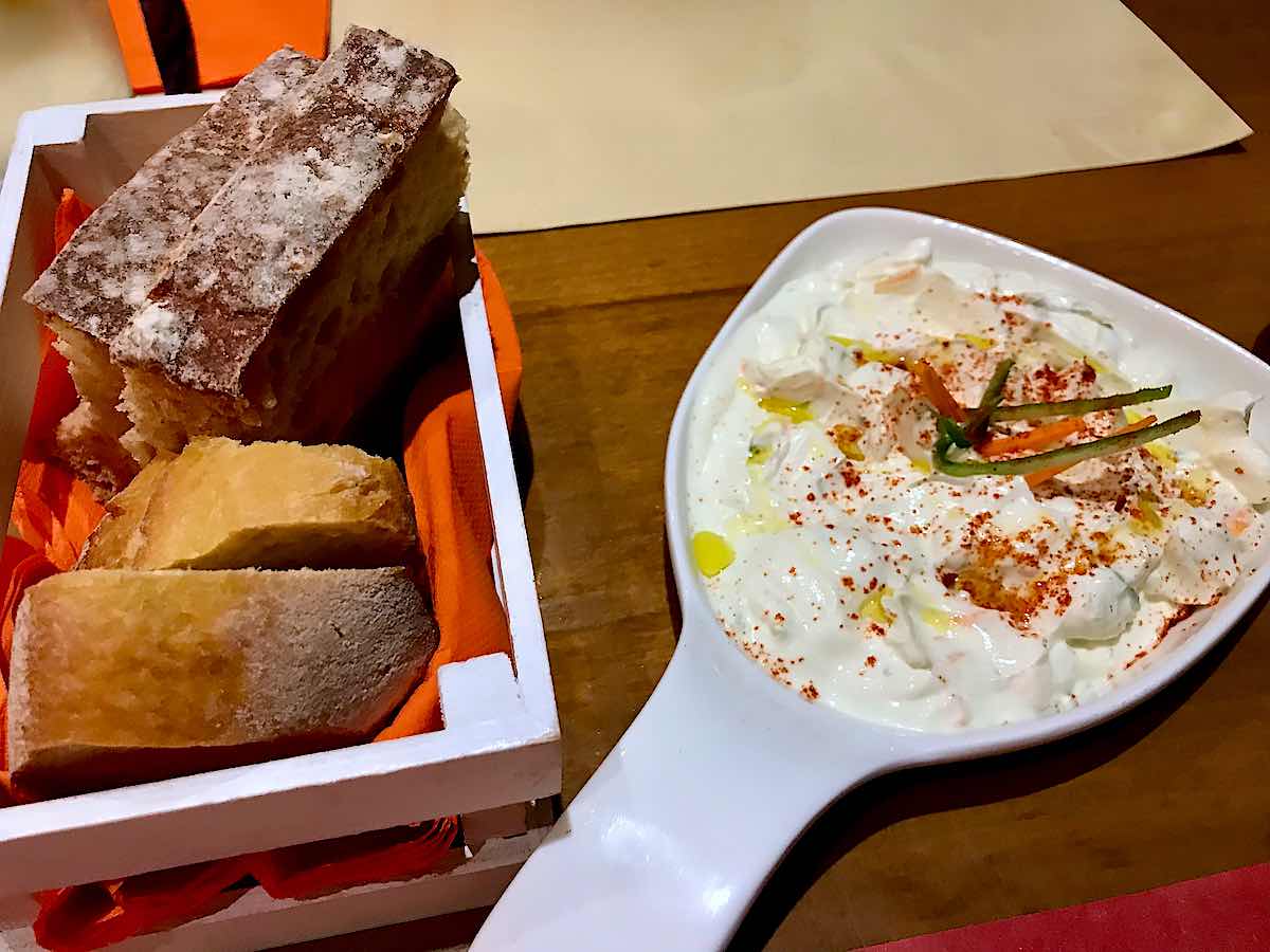 Greece Santorini Thira tzatziki and bread at Kokkalo taverna