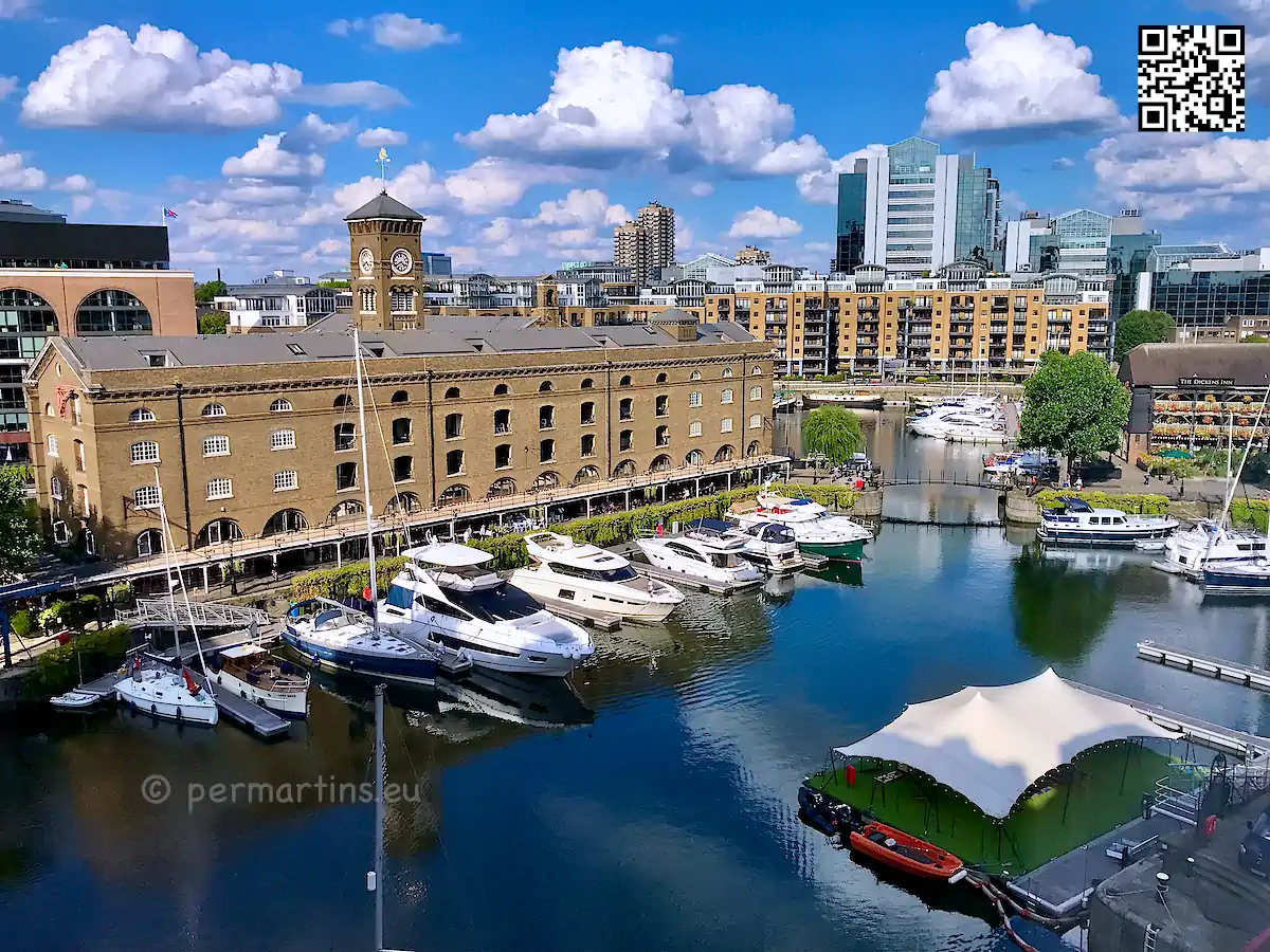 England London view from Tower Hotel over St Katharine Docks and boats.