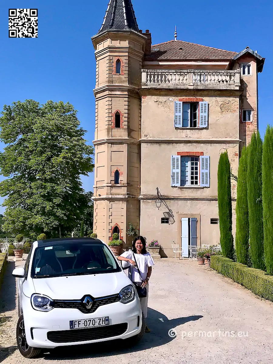 France Provence Valensole woman and rental car in front of hotel Château du Grand Jardin.