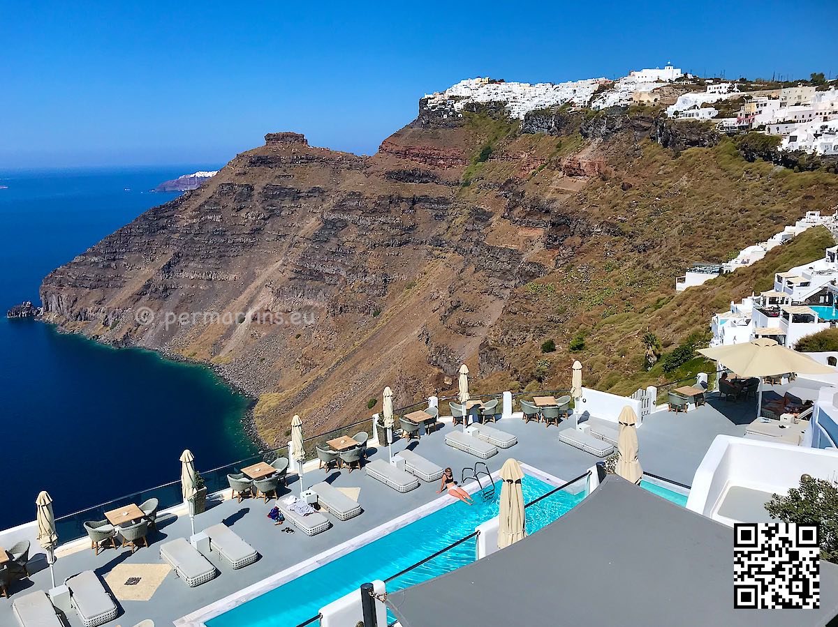 Greece Santorini Hotel Belvedere at Firostefani fantastic view over pool and the caldera.