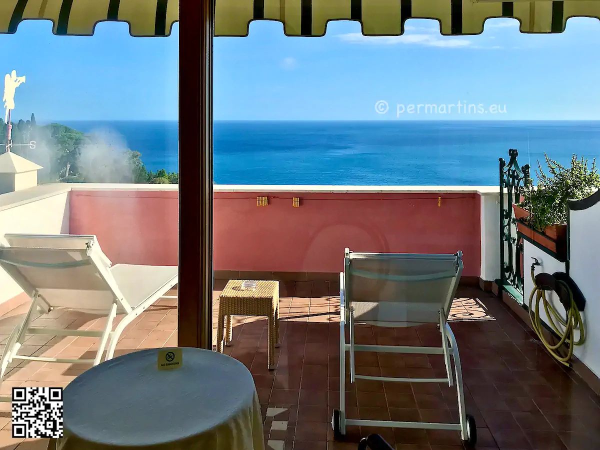 Italy Sicily Taoromina Hotel Villa Schuler, view over the sea from a private terrace.