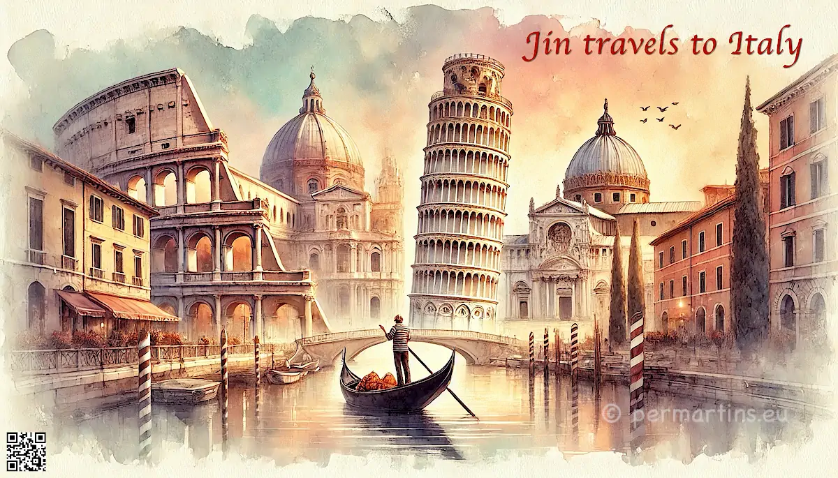 Italy painting Venice gondola Pisa tower Rome Colosseum Jin travels in Europe to Italy.
