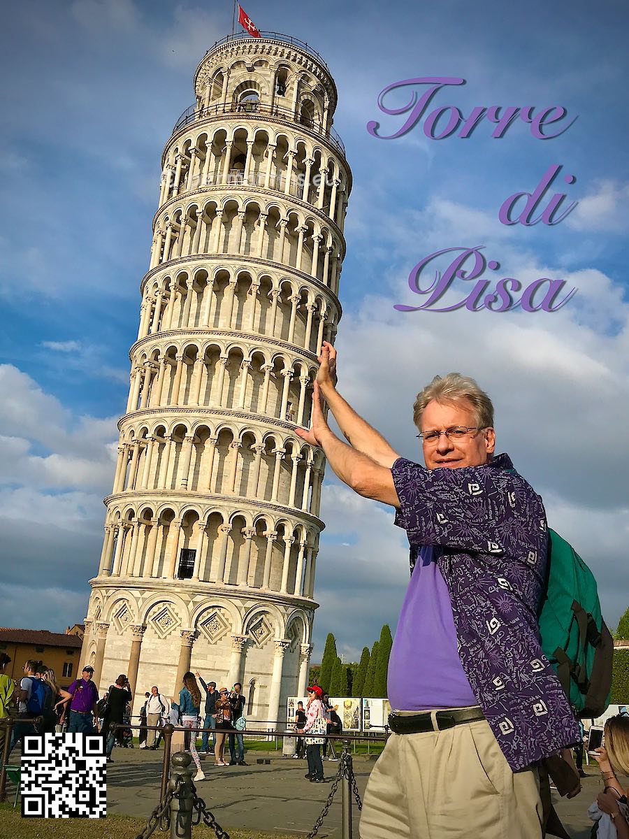 Italy Pisa Leaning tower Torre di Pisa man pushing.