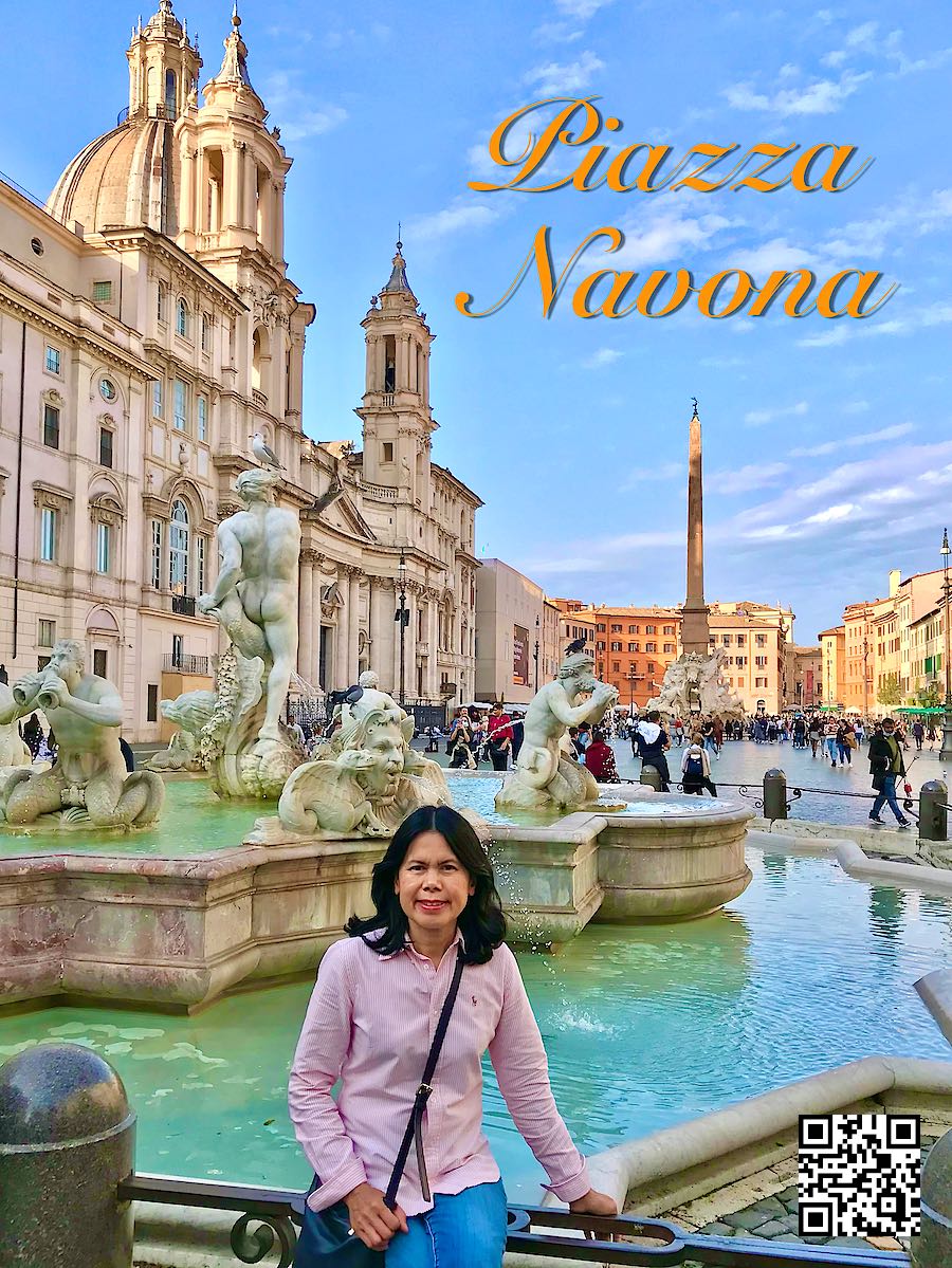 Italy Rome women sitting at Fontana del Moro with a view over Piazza Navona in the background.
