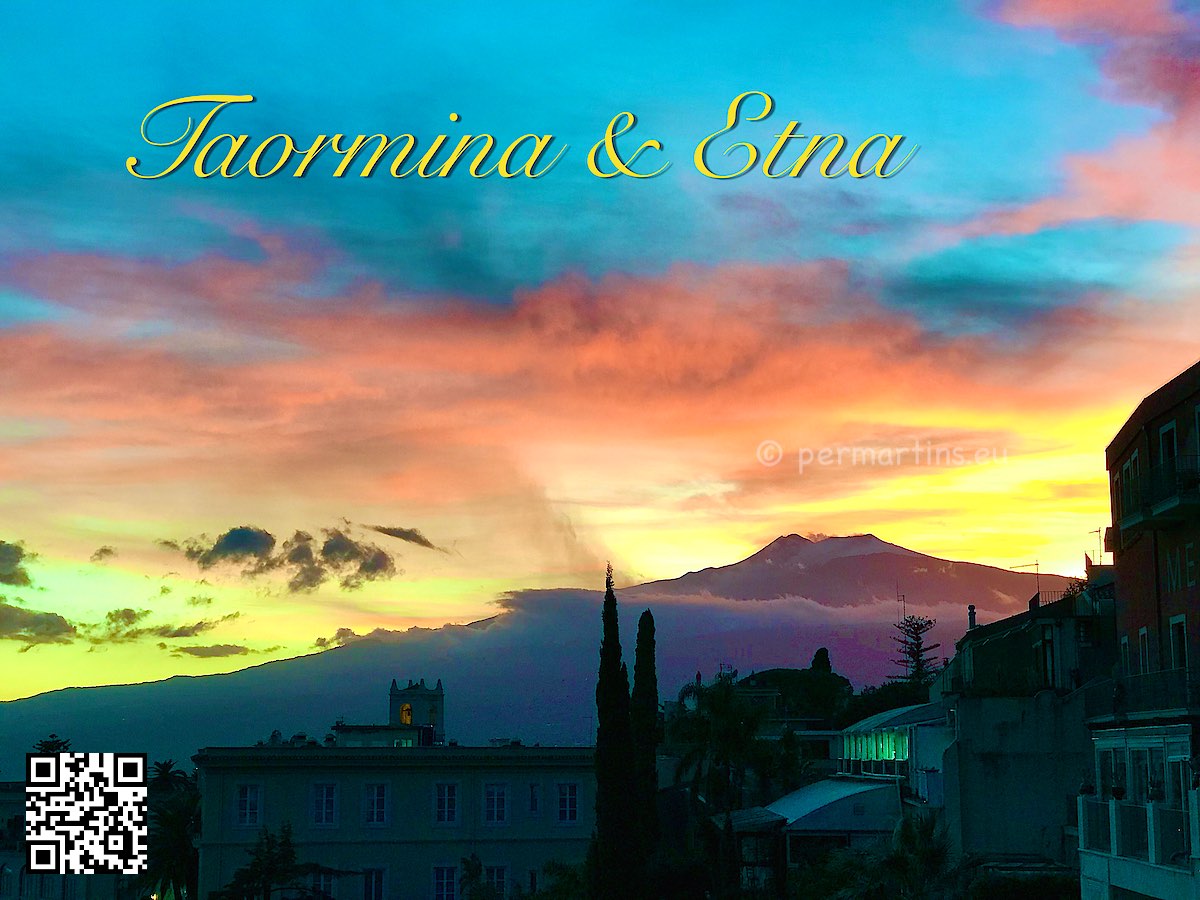 Italy view from Taoromina towards Etna beautiful sunset.
