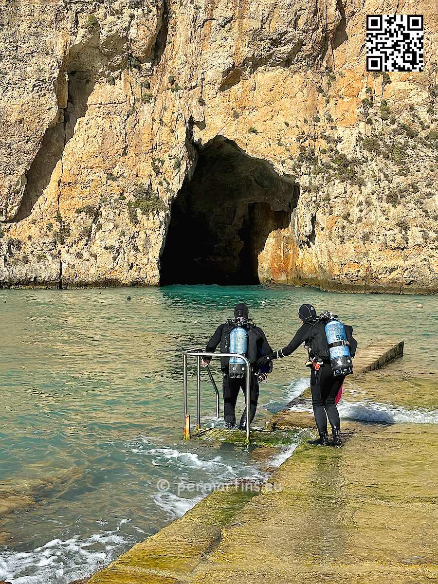 Gozo Qawra. Through the hole. It is also possible to go by boat when the Mediterranean Sea on the other side is calm.