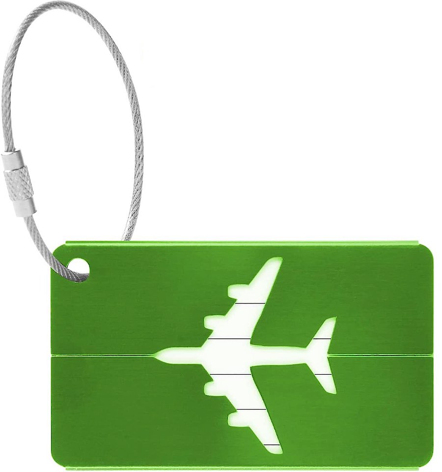 luggage tag green metal airplane